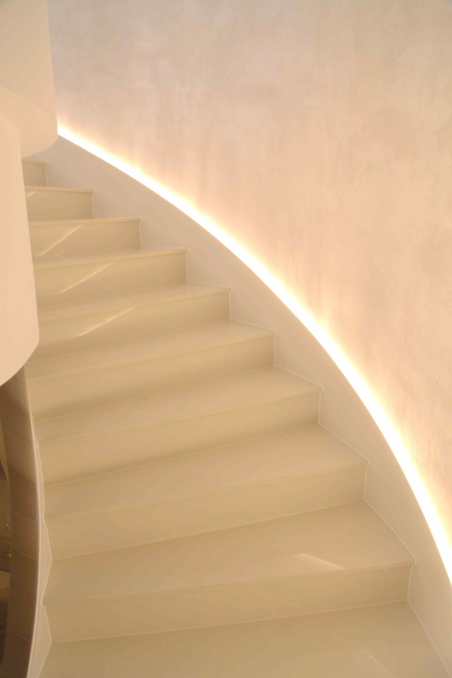 Led lights on the side of a helical staircase